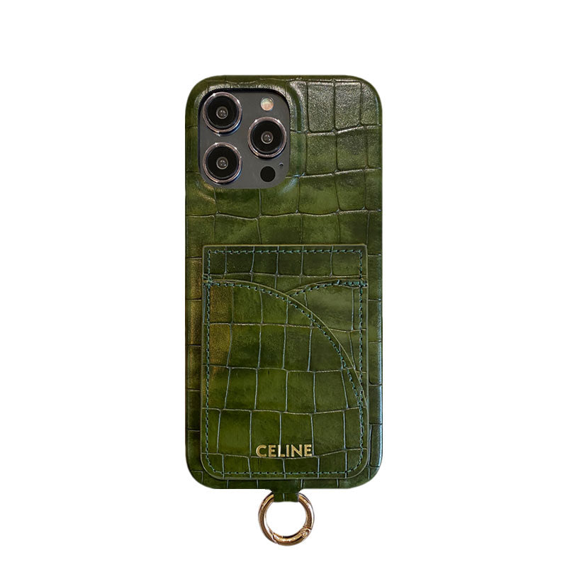 Alligator Print Celine iPhone Case With Card Holder And Strap Brown -EYP241415 mysite