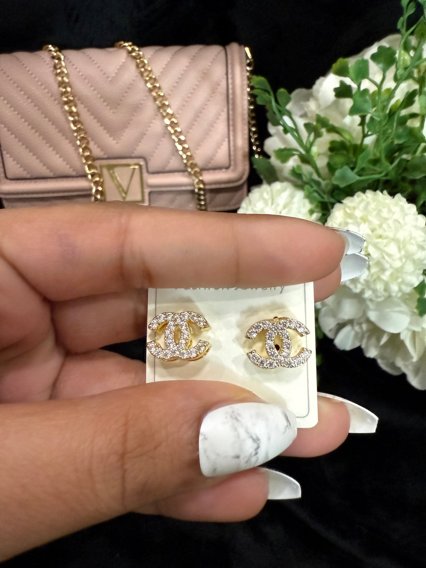 Double C gold plated with zircon earrings mysite