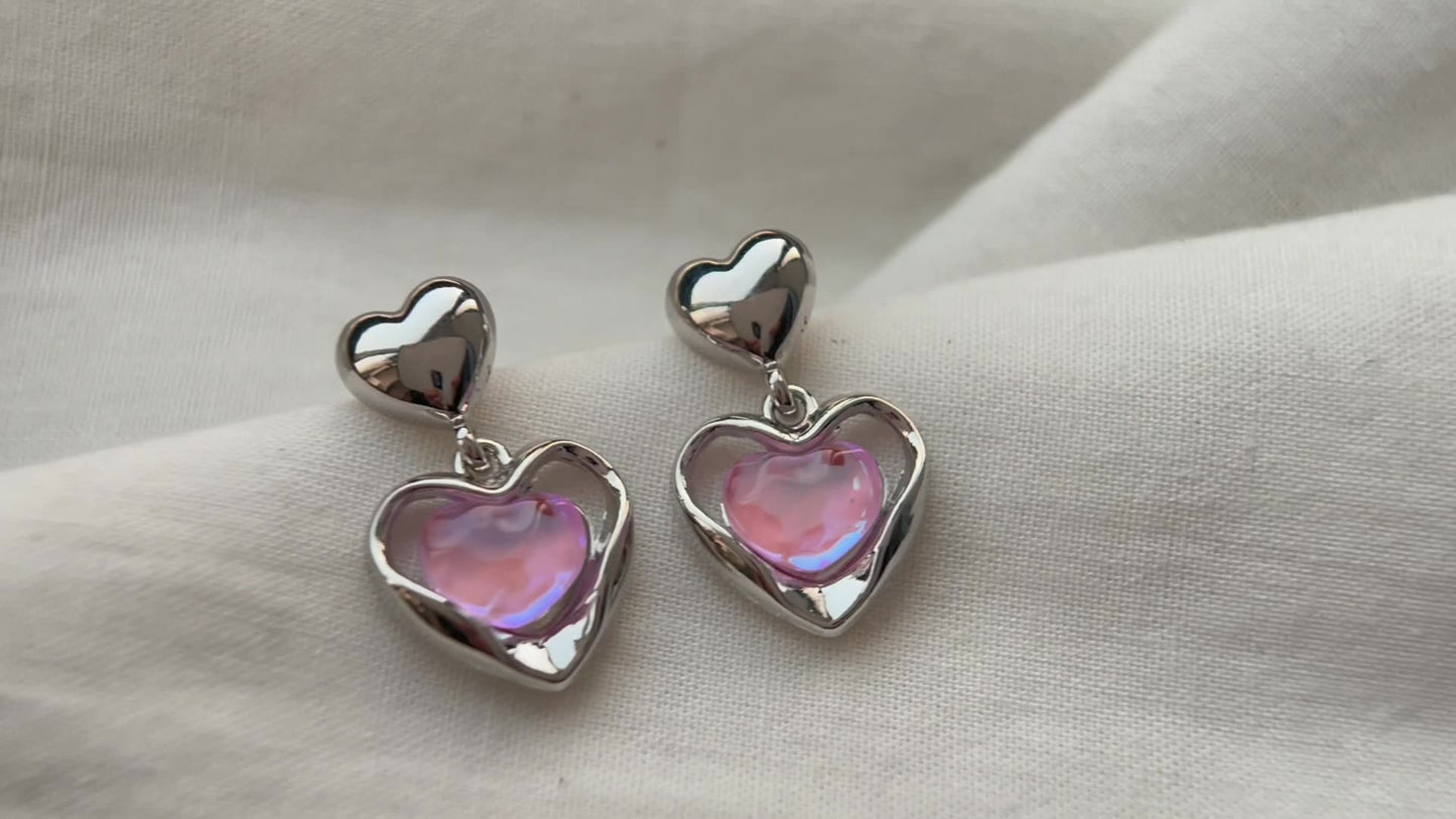 Iridescent Pink Heart Drop Earrings – French Sweet Chic with Edgy Twist accessories mysite