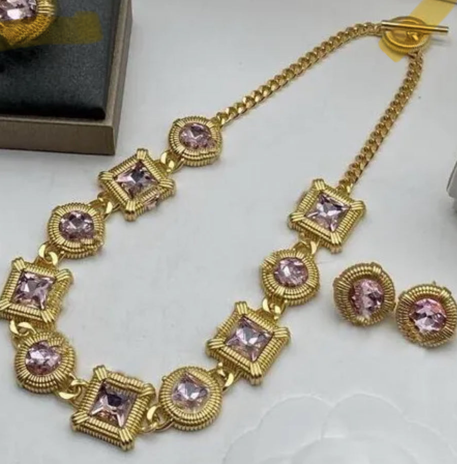 Designer Brand Pink Diamond Necklace Earrings Set mysite