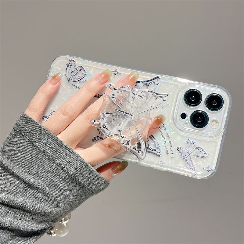 Ins Hot Textured Butterfly With Wristband & Bracket For iPhone Case