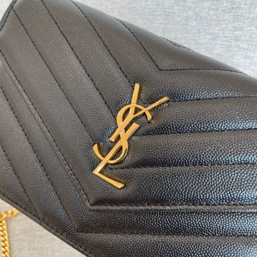 YSL  Cassandre Envelope Chain Wallet Black Grain Leather Golden Hardware 19 cm mysite