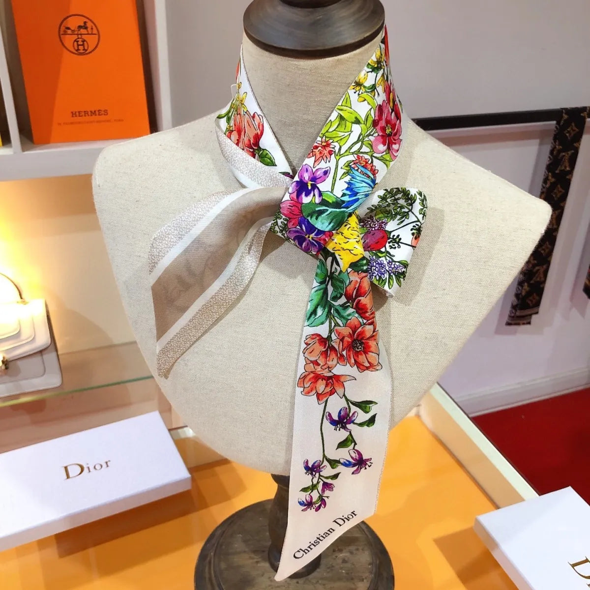 Bevel Edge Floral Double Layer Ribbon Silk Scarf mysite
