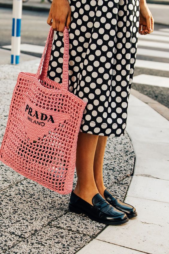 Prada Women's Natural Crochet Tote Bag-Pink mysite