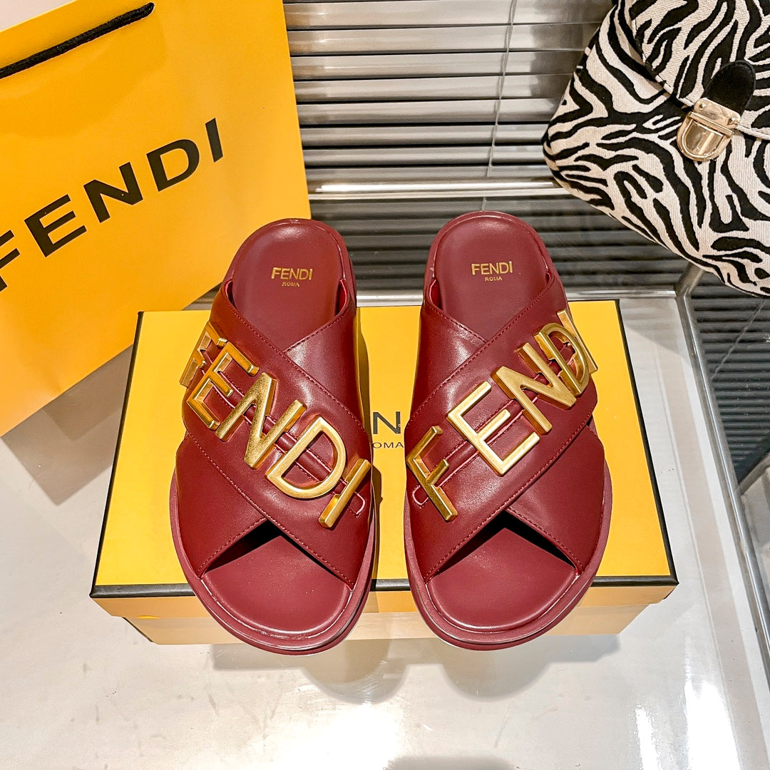 Metal Letters Leather Comfortable Slippers mysite