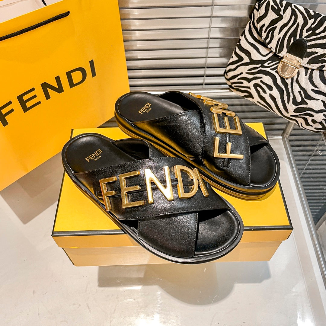 Metal Letters Leather Comfortable Slippers mysite