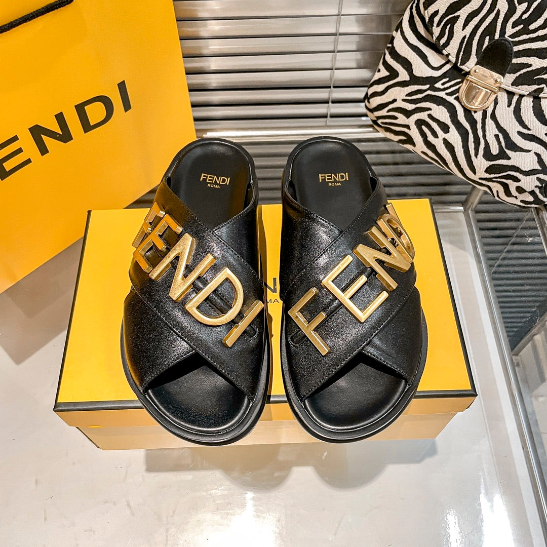 Metal Letters Leather Comfortable Slippers mysite