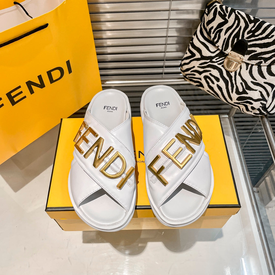 Metal Letters Leather Comfortable Slippers mysite