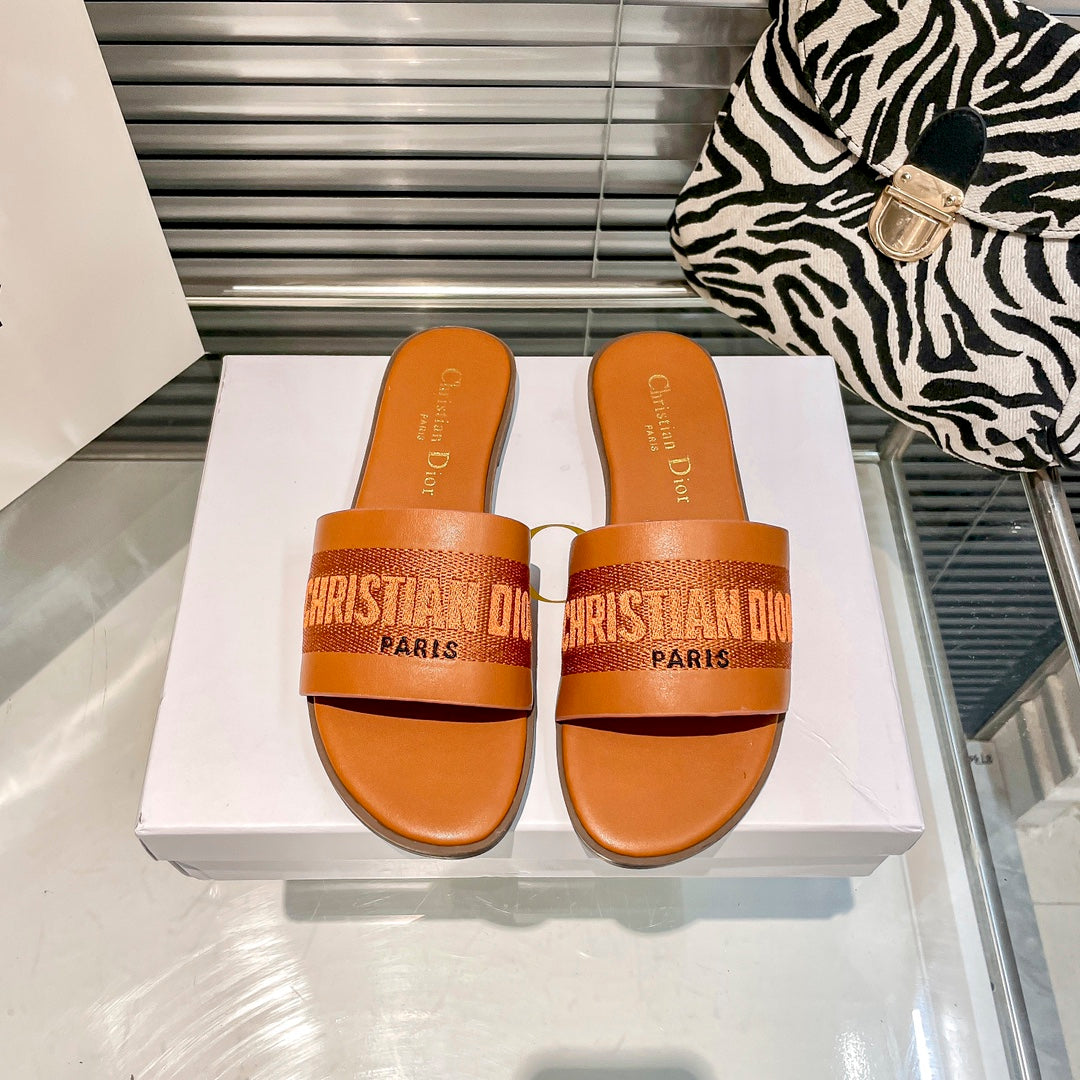 Solid Colors Calfskin and Embroidered Cotton Slippers mysite