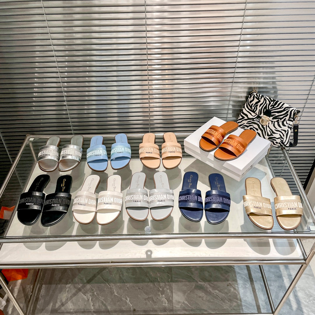 Solid Colors Calfskin and Embroidered Cotton Slippers mysite