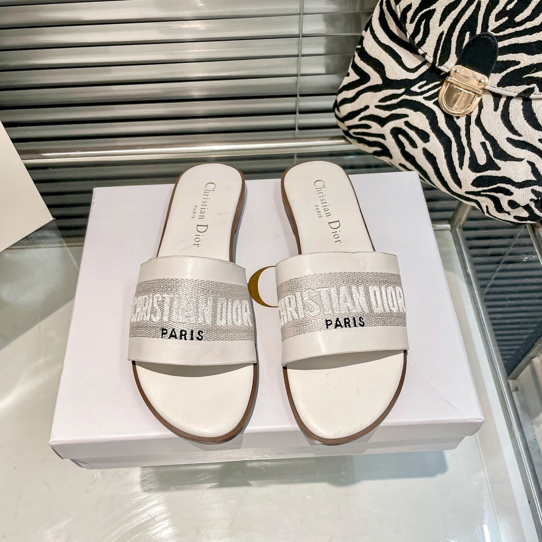 Solid Colors Calfskin and Embroidered Cotton Slippers mysite
