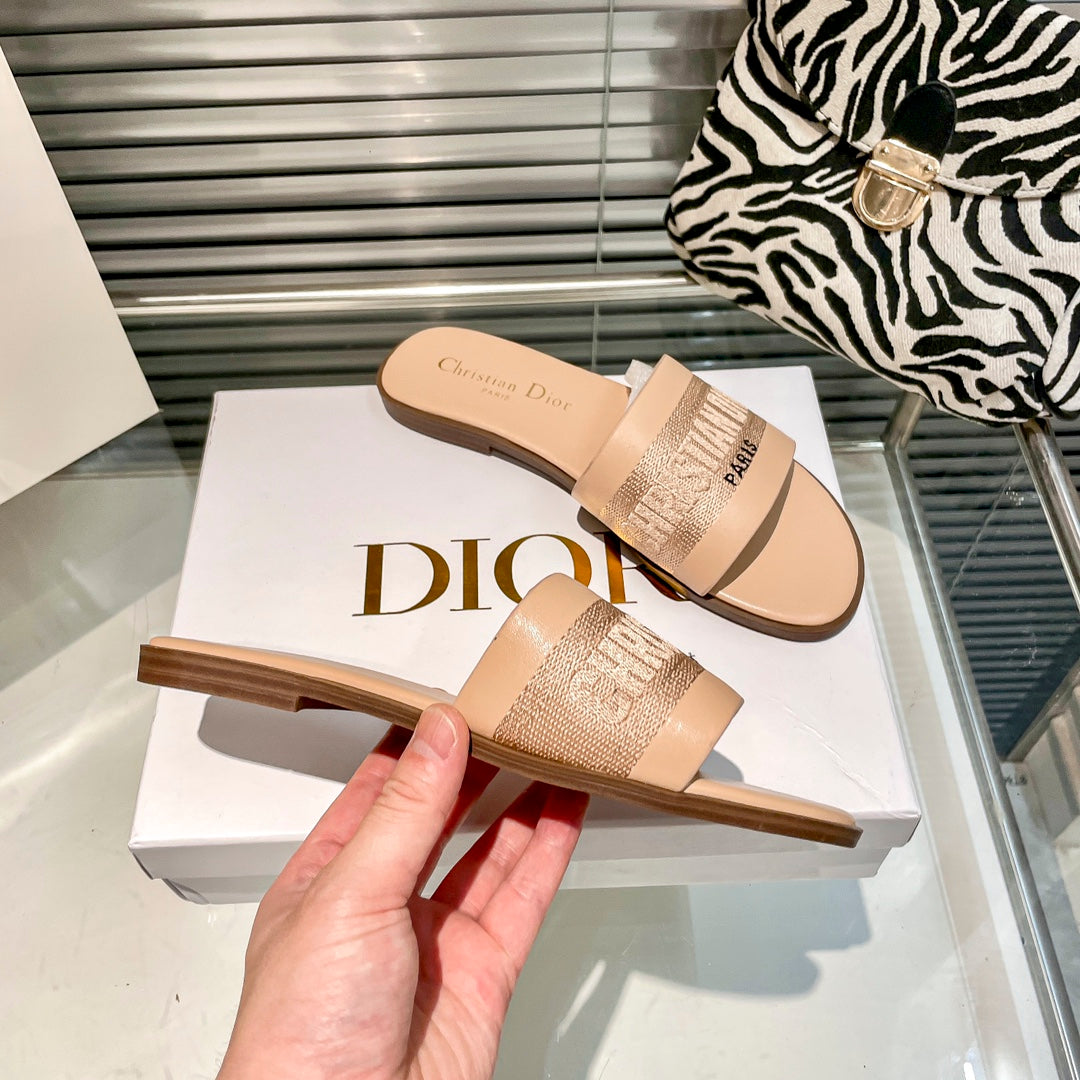 Solid Colors Calfskin and Embroidered Cotton Slippers mysite