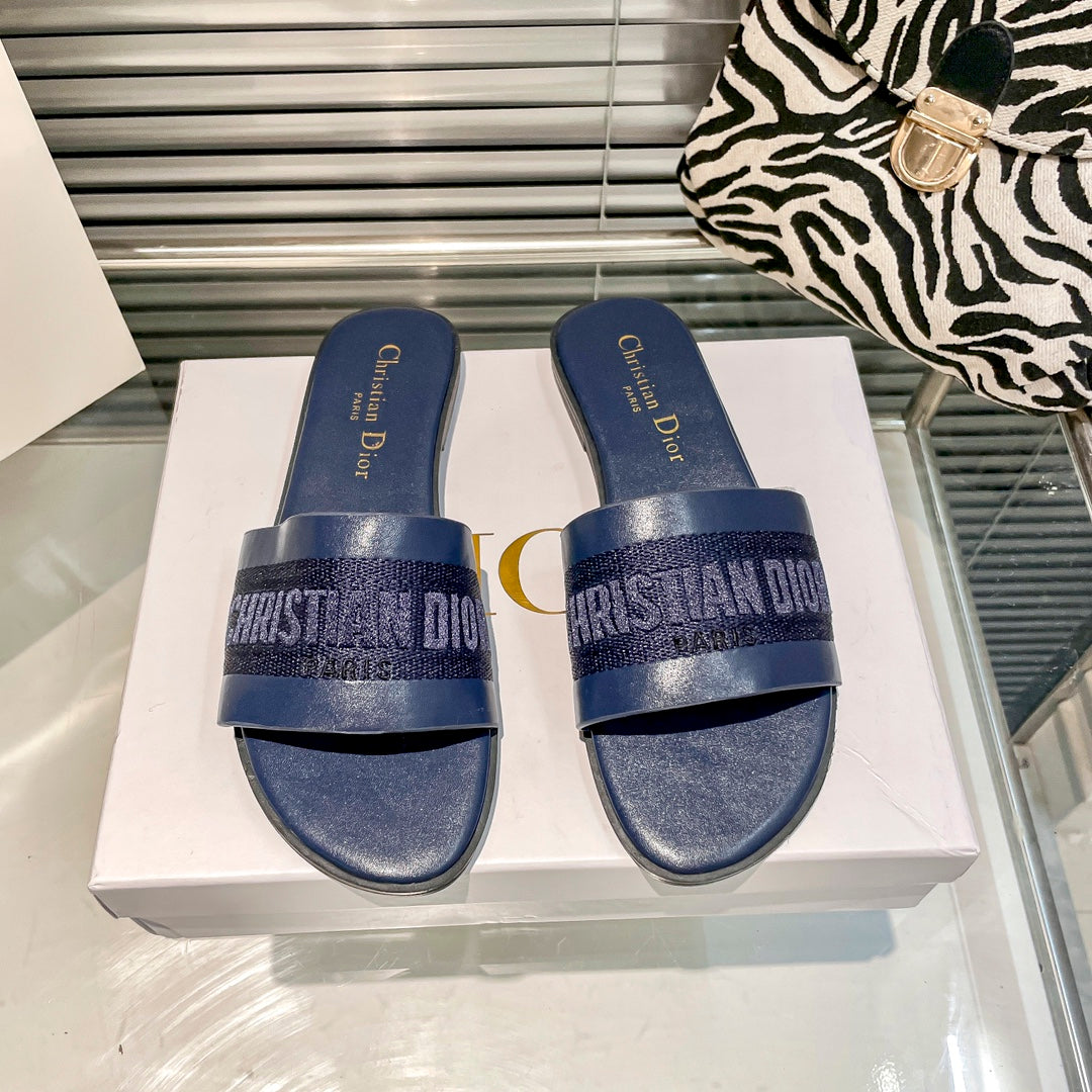 Solid Colors Calfskin and Embroidered Cotton Slippers mysite