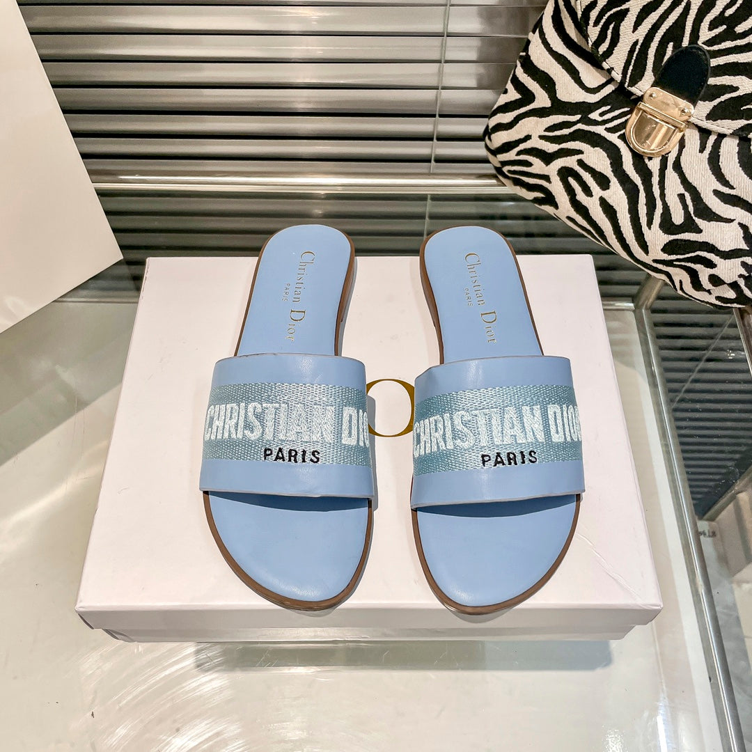 Solid Colors Calfskin and Embroidered Cotton Slippers mysite