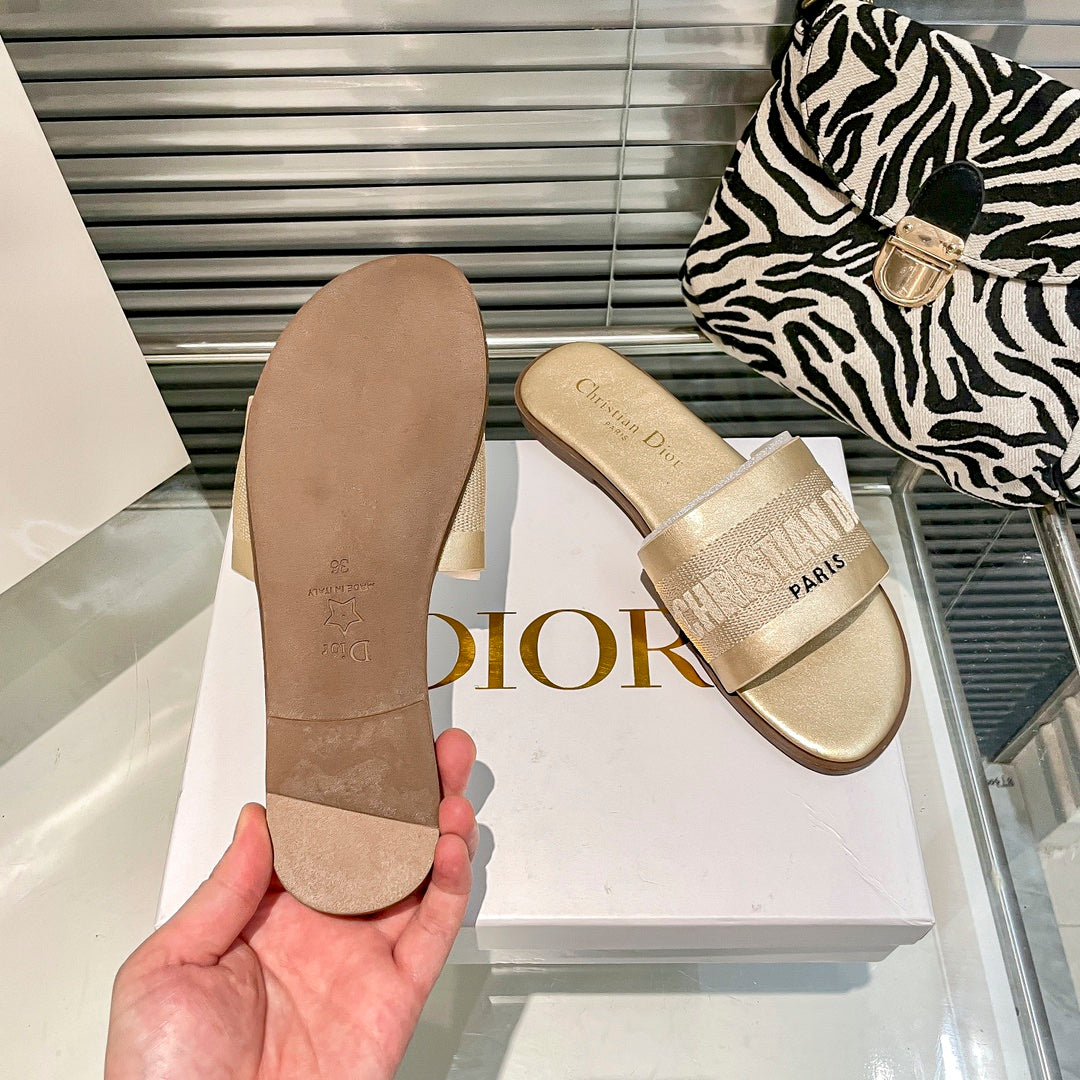 Solid Colors Calfskin and Embroidered Cotton Slippers mysite