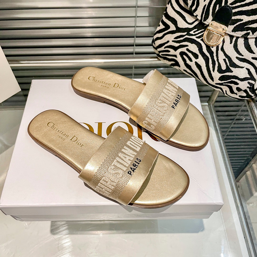 Solid Colors Calfskin and Embroidered Cotton Slippers mysite