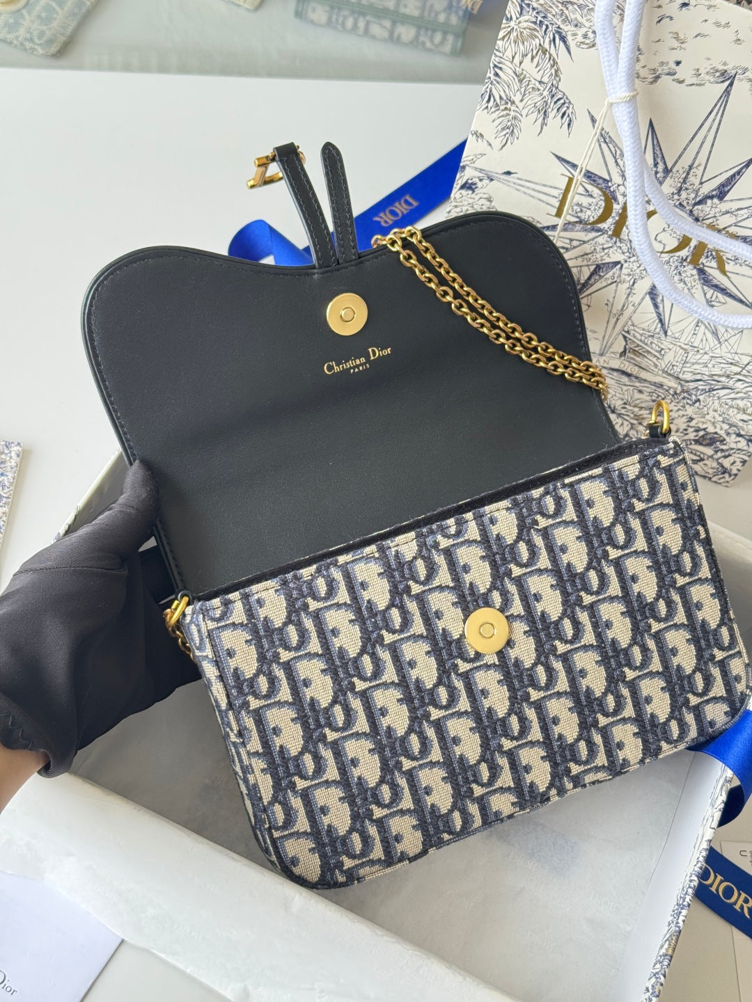 CD S5907CNKO Medium Saddle Pouch with Chain 21.5cm Blue Jacquard Cowhide GHW