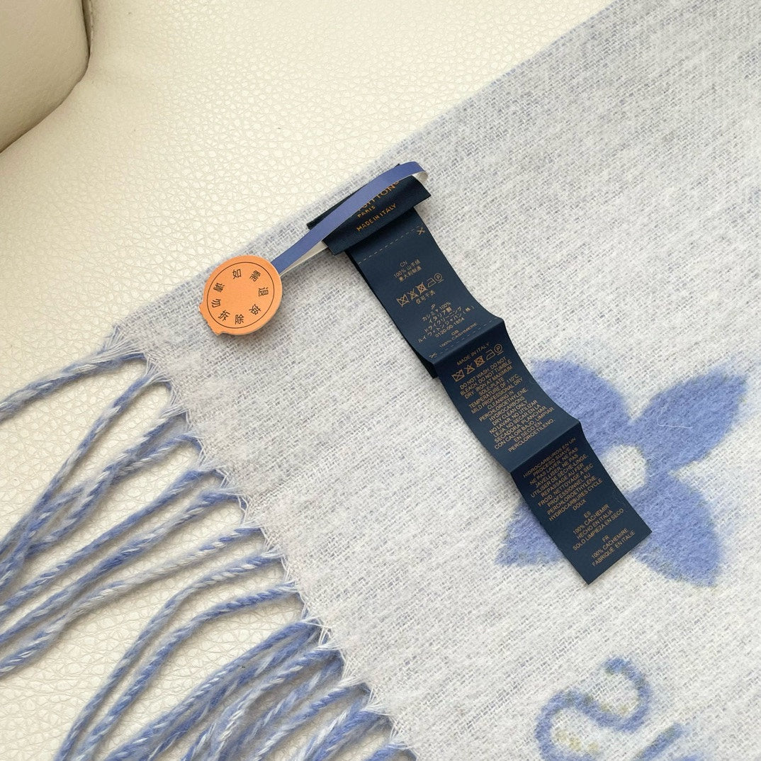 MONOGRAM FLOWERS SCARF 170 CM IN ELECTRIC BLUE CASHMERE 390976 mysite