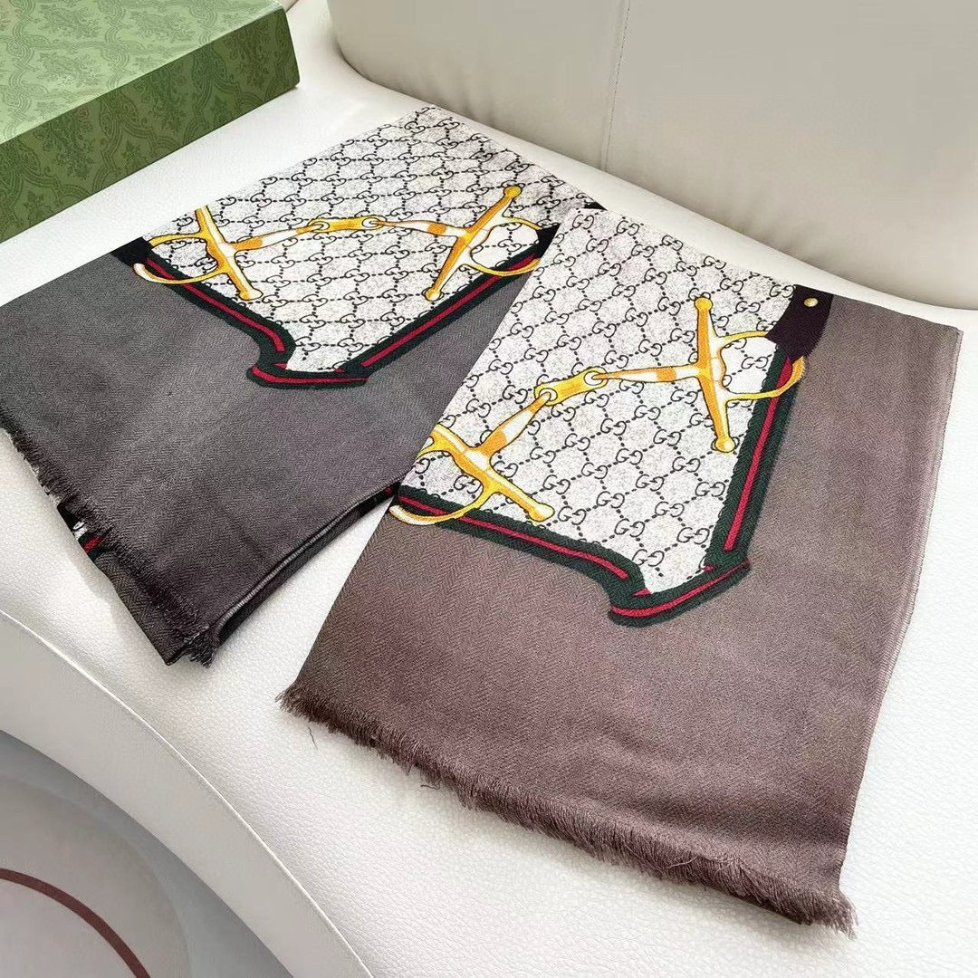 SCARF 200 CM IN KHAKI BROWN MONOGRAM WOOL 399767 mysite