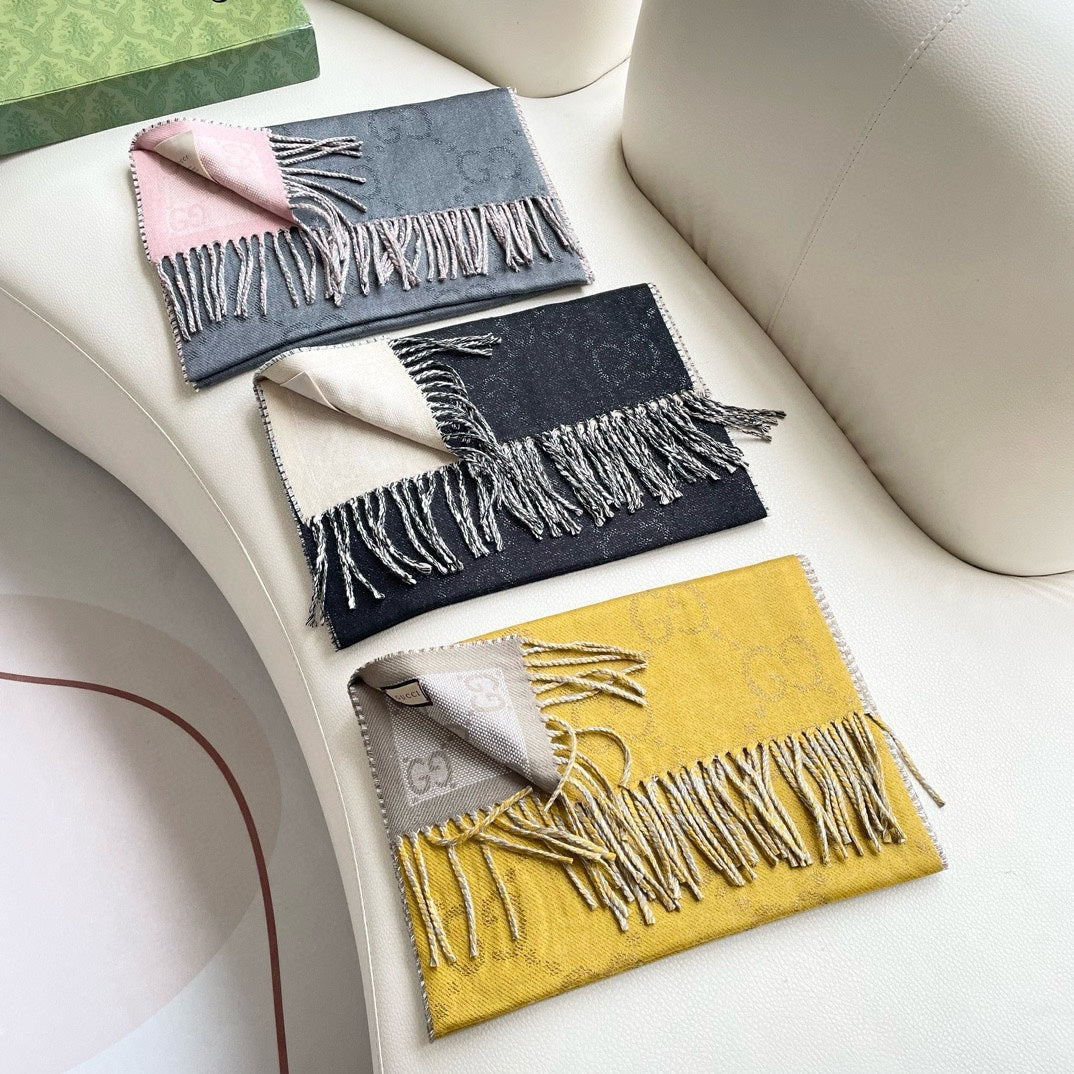 SCARF 195 CM IN DIJON YELLOW AND KHAKI BROWN CASHMERE 401403 mysite