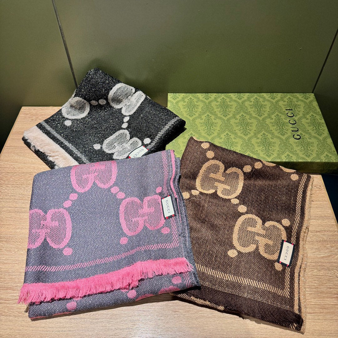 SCARF 195 CM IN BEIGE AND DARK BROWN GG WOOL LAMÉ JACQUARD 403978 mysite