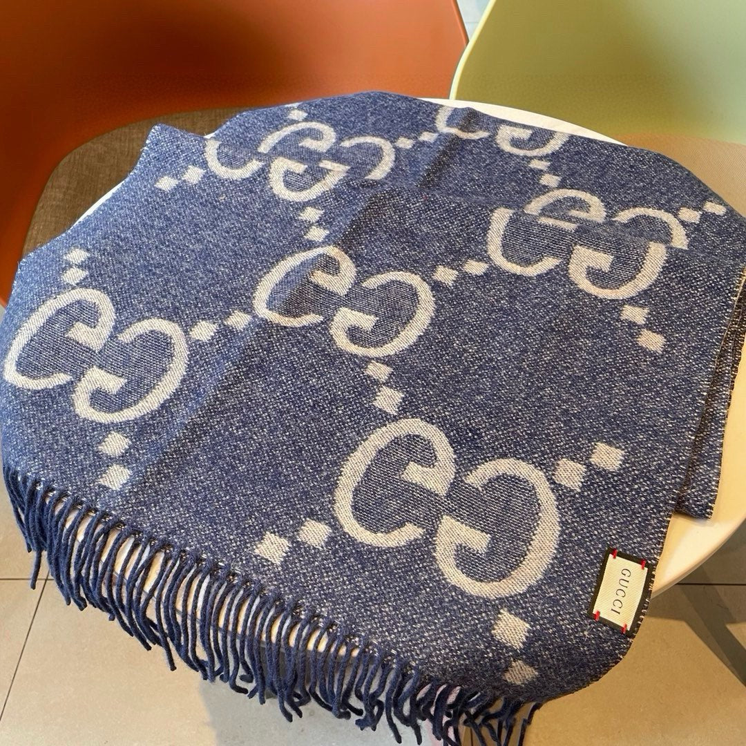 GG JACQUARD PATTERN KNIT SCARF 195 CM WITH TASSELS NAVY BLUE 403747 mysite