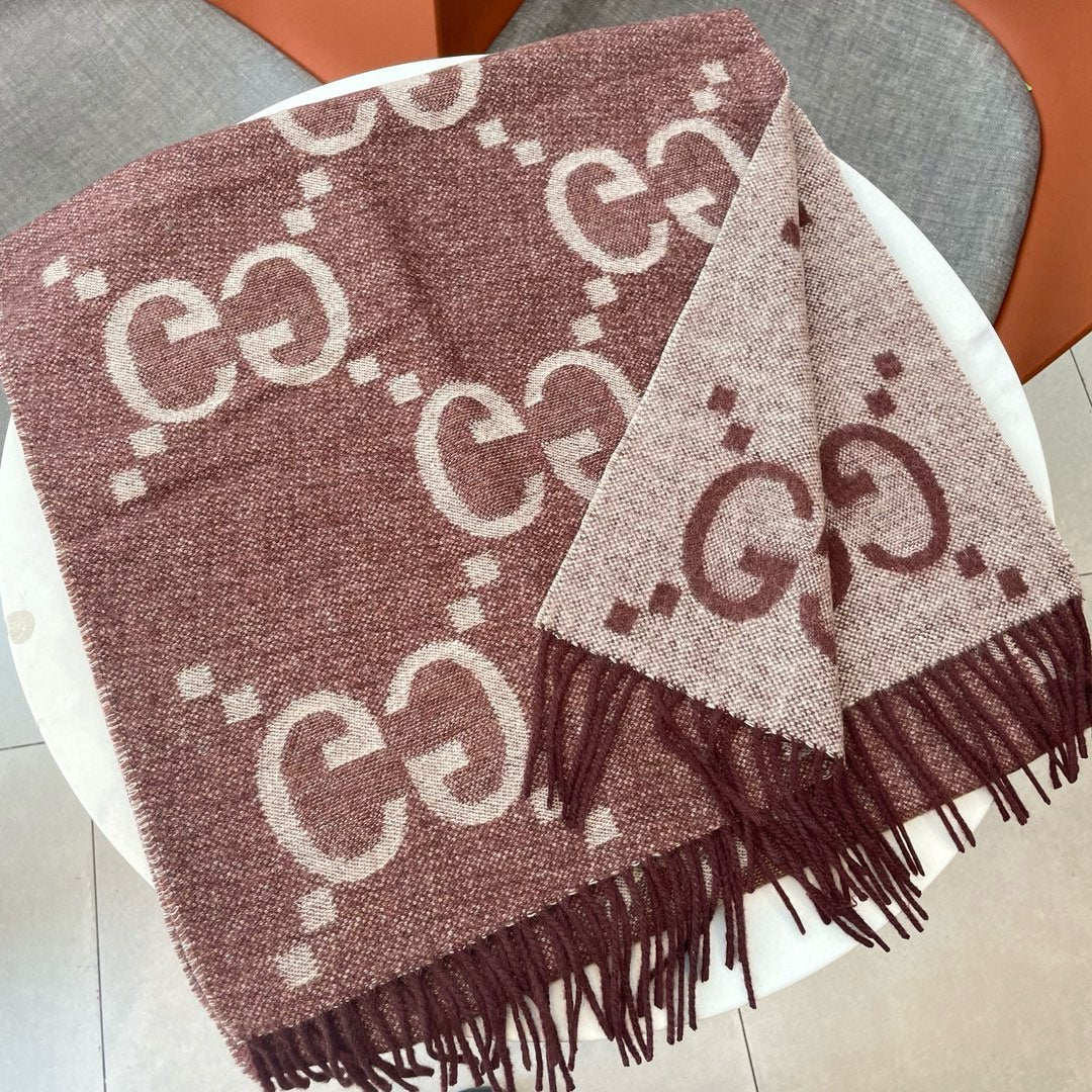 GG JACQUARD PATTERN KNIT SCARF 195 CM WITH TASSELS UMBER BROWN 403751 mysite