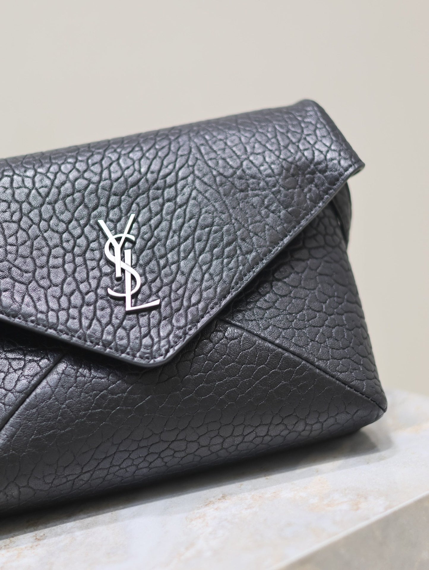 ENVELOPE CHAIN BAG 23 IN BLACK ELEPHANT TEXTURE LAMBSKIN SILVER LOGO mysite