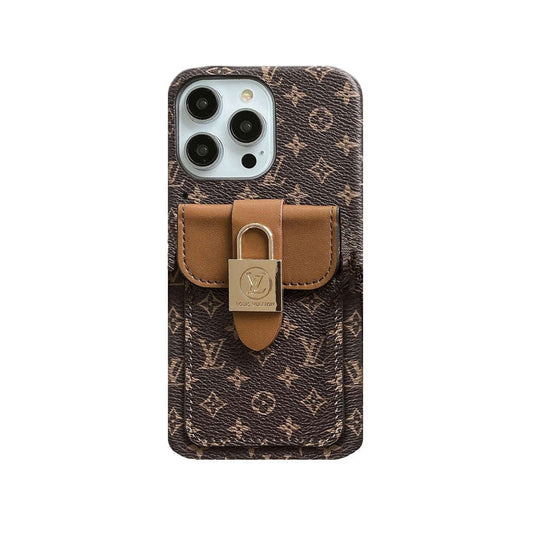 MONOGRAM IPHONE CASE WITH CARD HOLDER AND STRAP BROWN