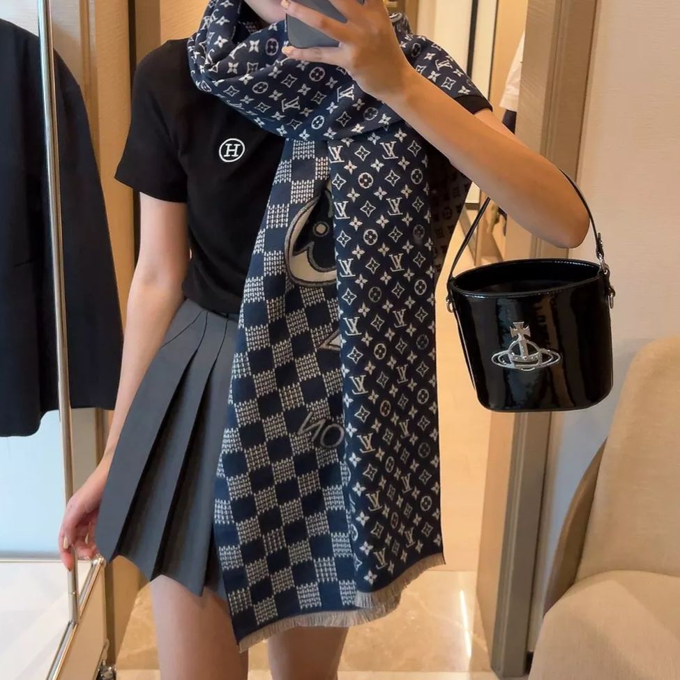 Plaid Panel Monogram Cashmere Scarf Shawl mysite