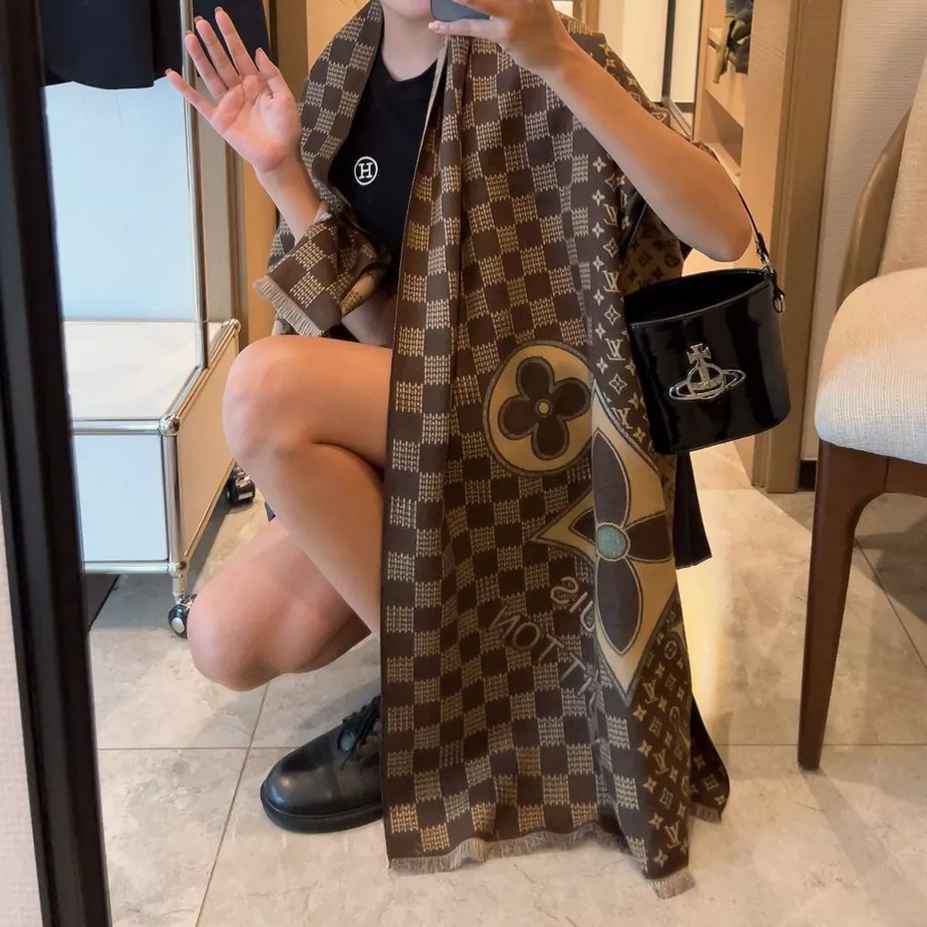 Plaid Panel Monogram Cashmere Scarf Shawl mysite