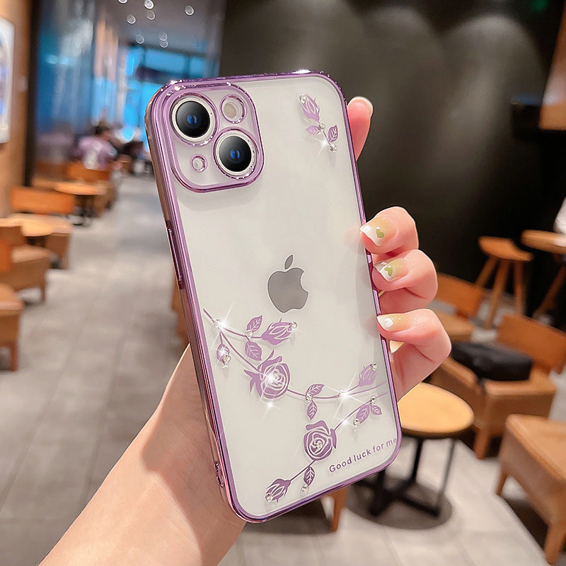 Rhinestone Rose Flower Electroplating Case For iPhone