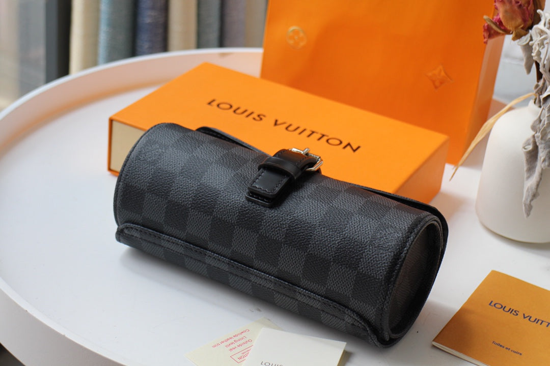 LV M47530 3 Watch Case Black Damier Graphite & Cowhide HW mysite