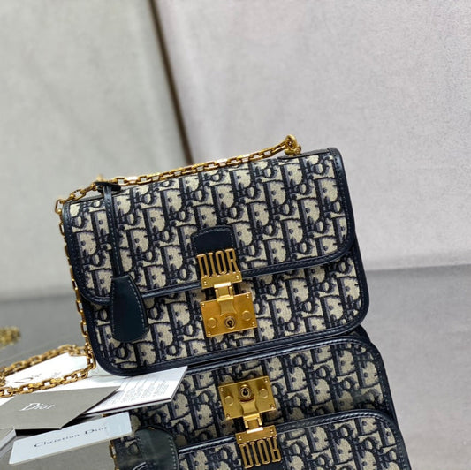 CD embroidered chain bag 24 dark blue leather cotton mysite