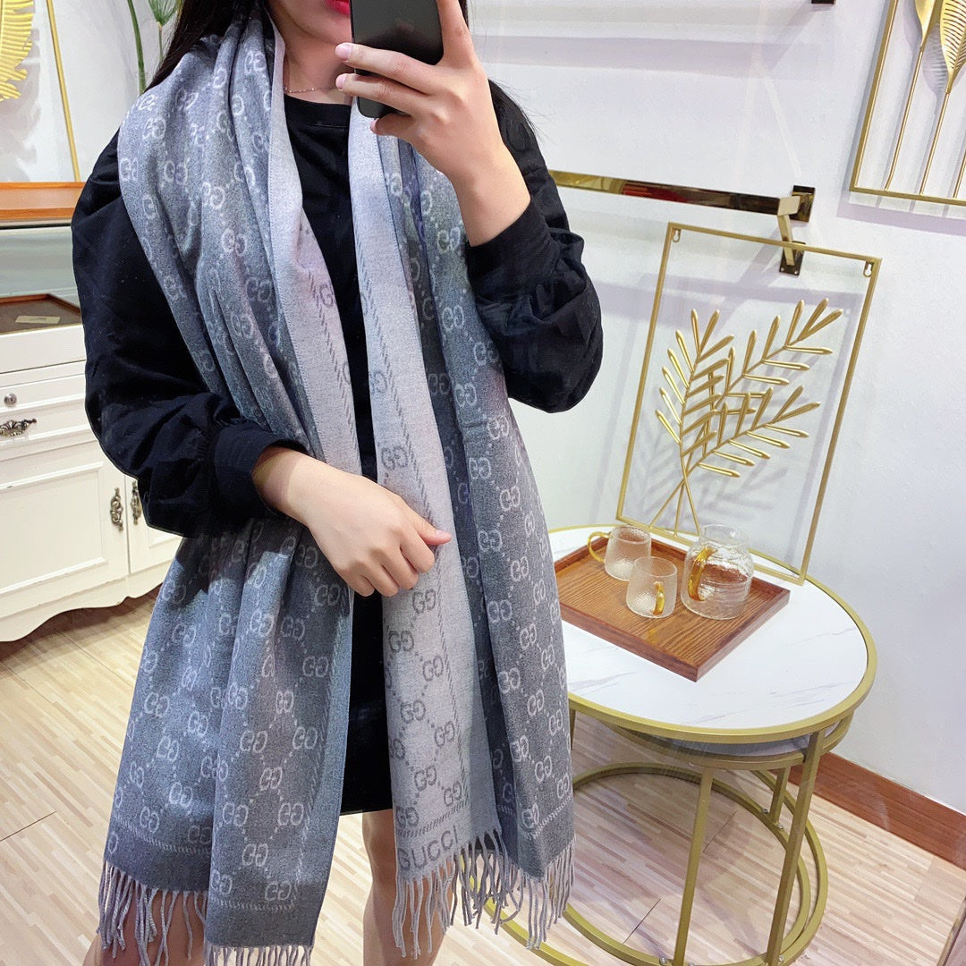 JACQUARD PATTERN KNIT SCARF 180 CM IN COOL GRAY WOOL 402421 mysite