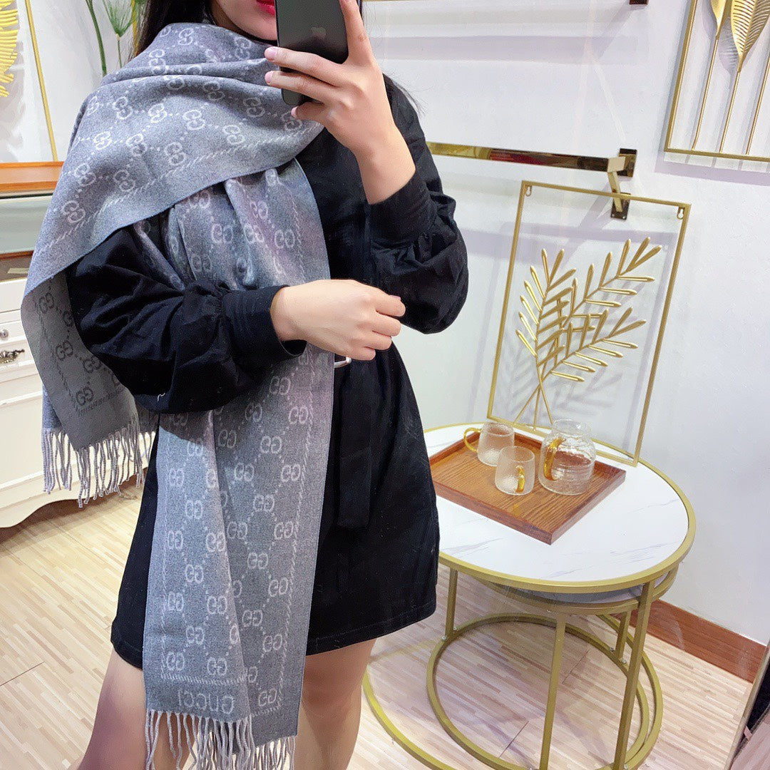 JACQUARD PATTERN KNIT SCARF 180 CM IN COOL GRAY WOOL 402421 mysite