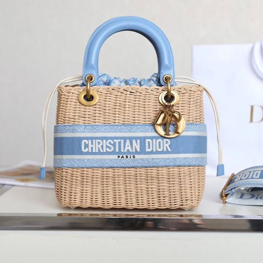 LADY 24 BASKET BAG IN BLUE OBLIQUE JACQUARD MIX BEIGE WICKER mysite