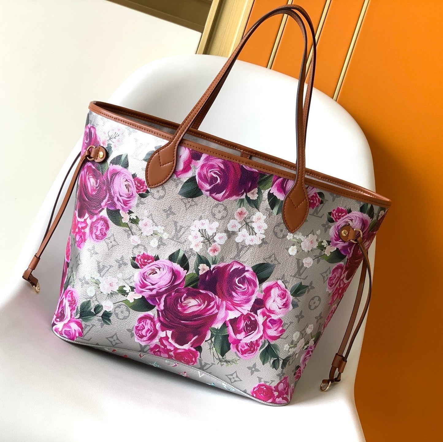 LV Neverfull MM Tote 31cm Sliver Pink Floral Pattern Leather GHW mysite
