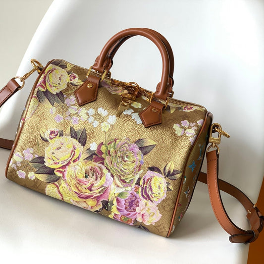 LV Speedy Bandoulière 25 Gold Floral Pattern Leather GHW mysite