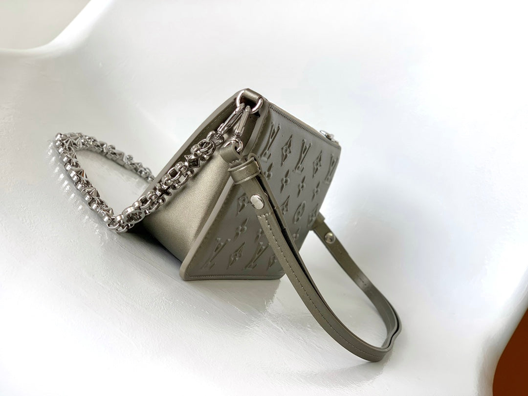 LV Lexington Pochette Shoulder Bag 21.5 Metallic Sliver Monogram Embossed Cafskin mysite