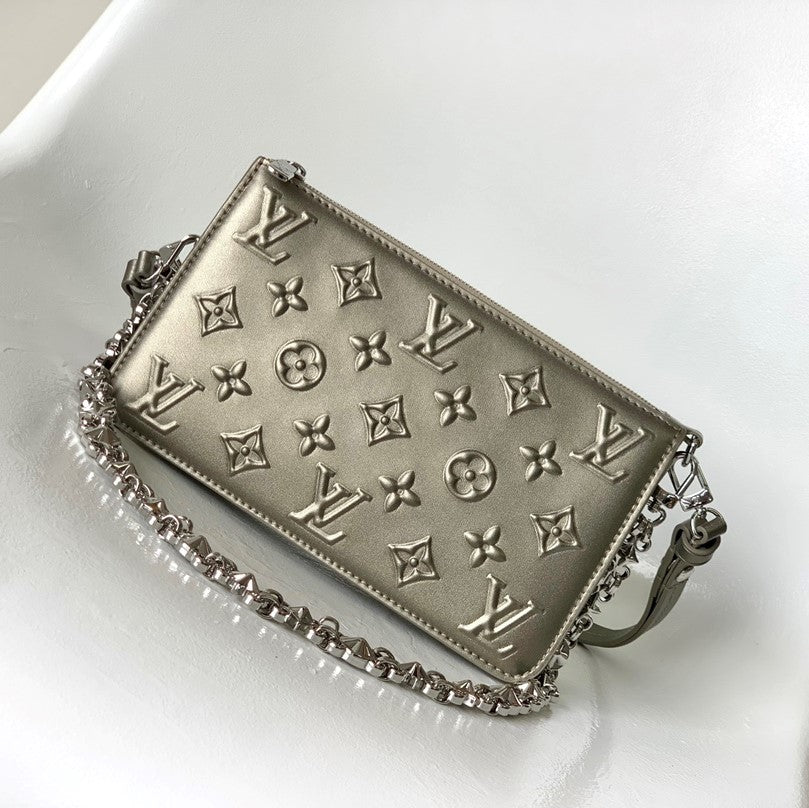 LV Lexington Pochette Shoulder Bag 21.5 Metallic Sliver Monogram Embossed Cafskin mysite
