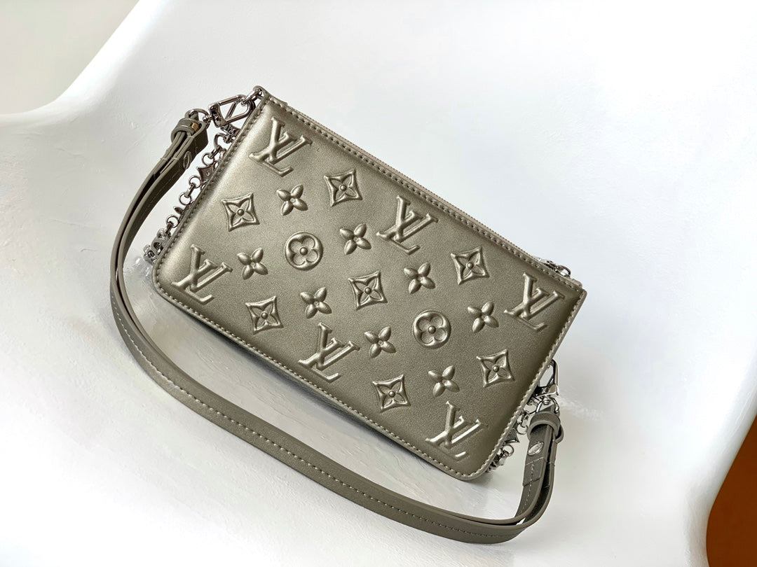 LV Lexington Pochette Shoulder Bag 21.5 Metallic Sliver Monogram Embossed Cafskin mysite