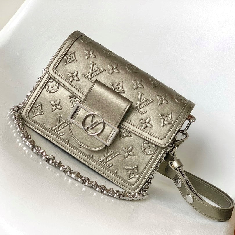 LV Dauphine Bag 20cm Metallic Sliver Monogram Embossed Cafskin mysite