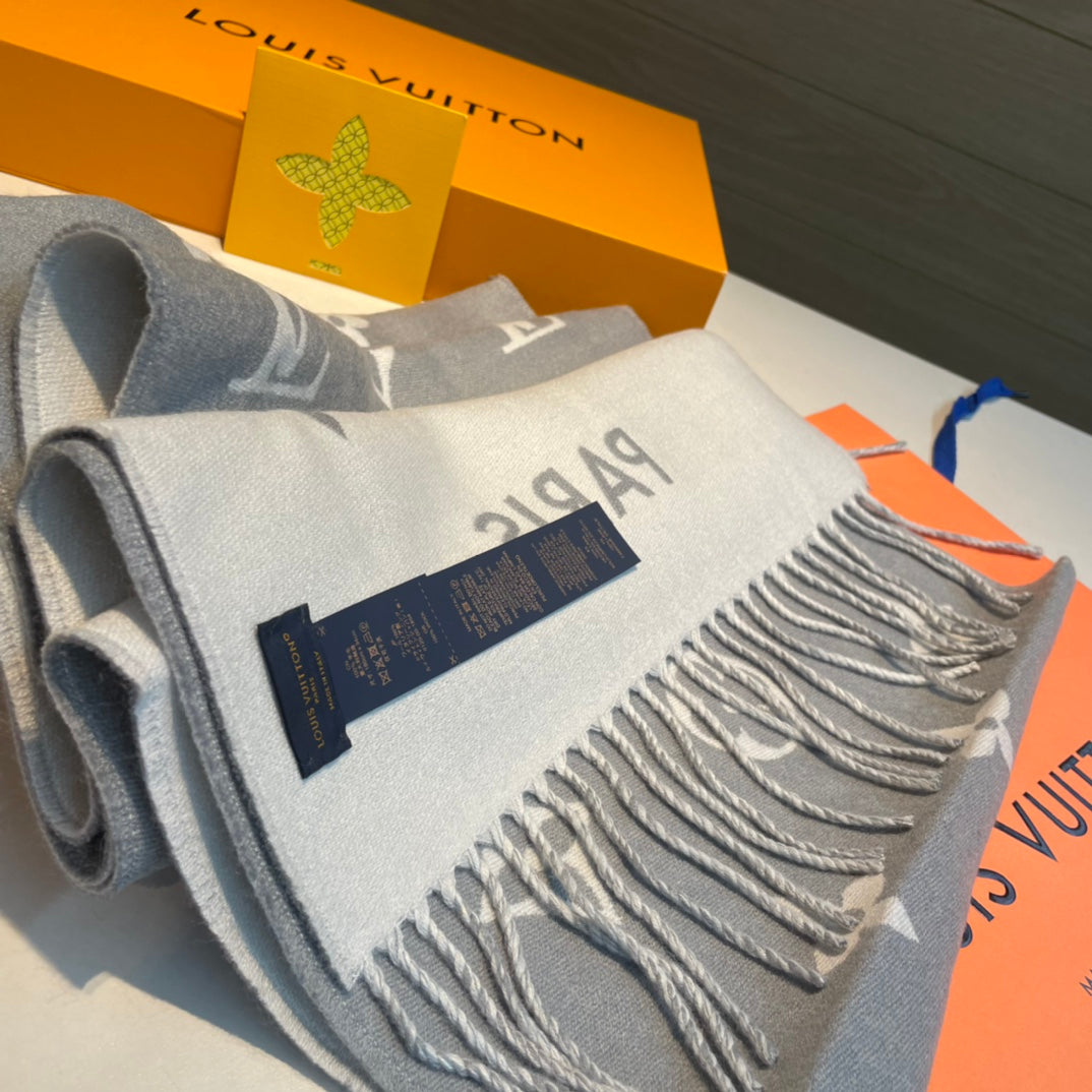 ALL ABOUT MONOGRAM SCARF 185 CM IN LIGHT GRAY WOOL 394498 mysite