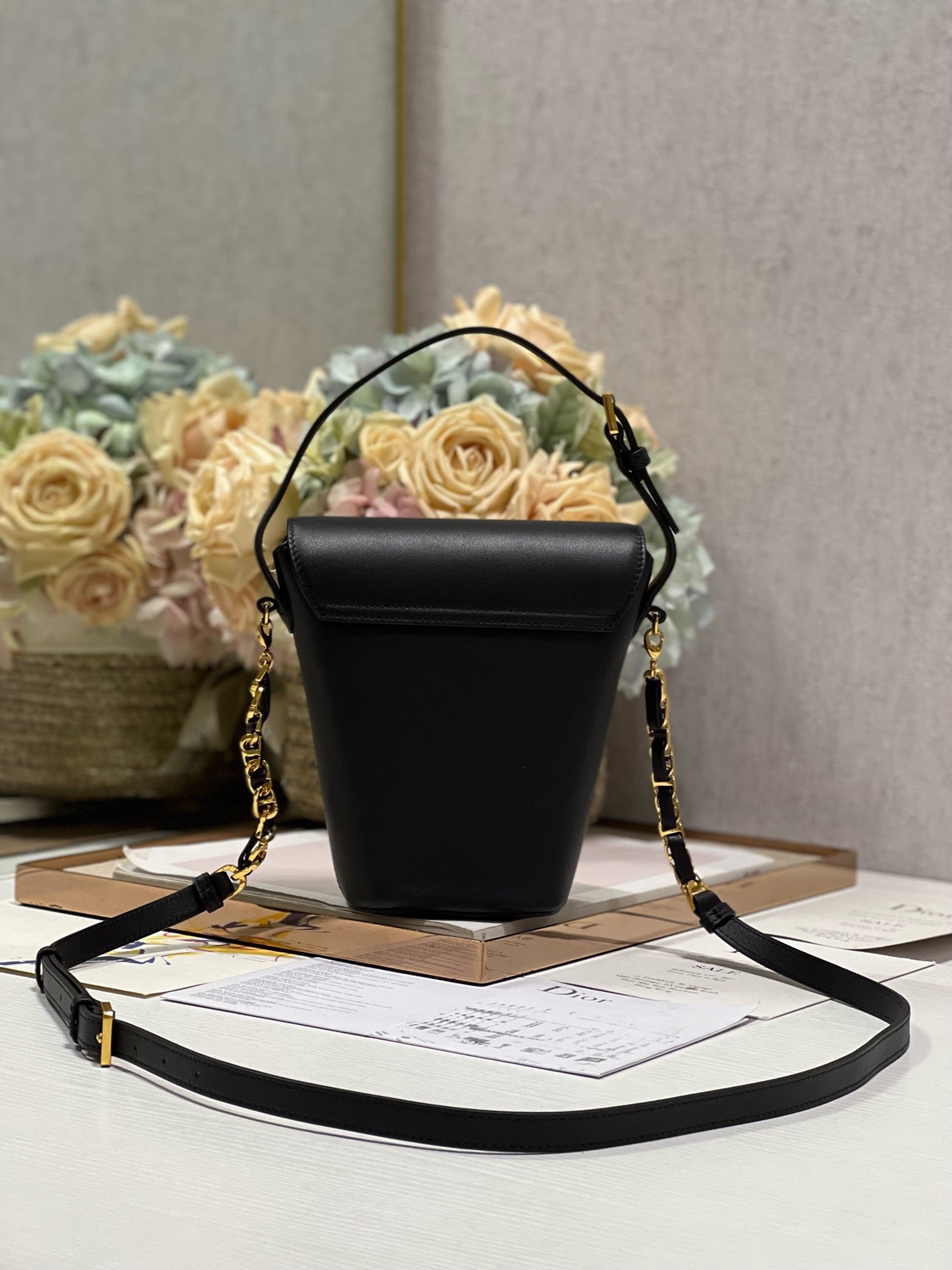 CD Montaigne Large Chain Bucket Bag Black Calfskin 336800 mysite