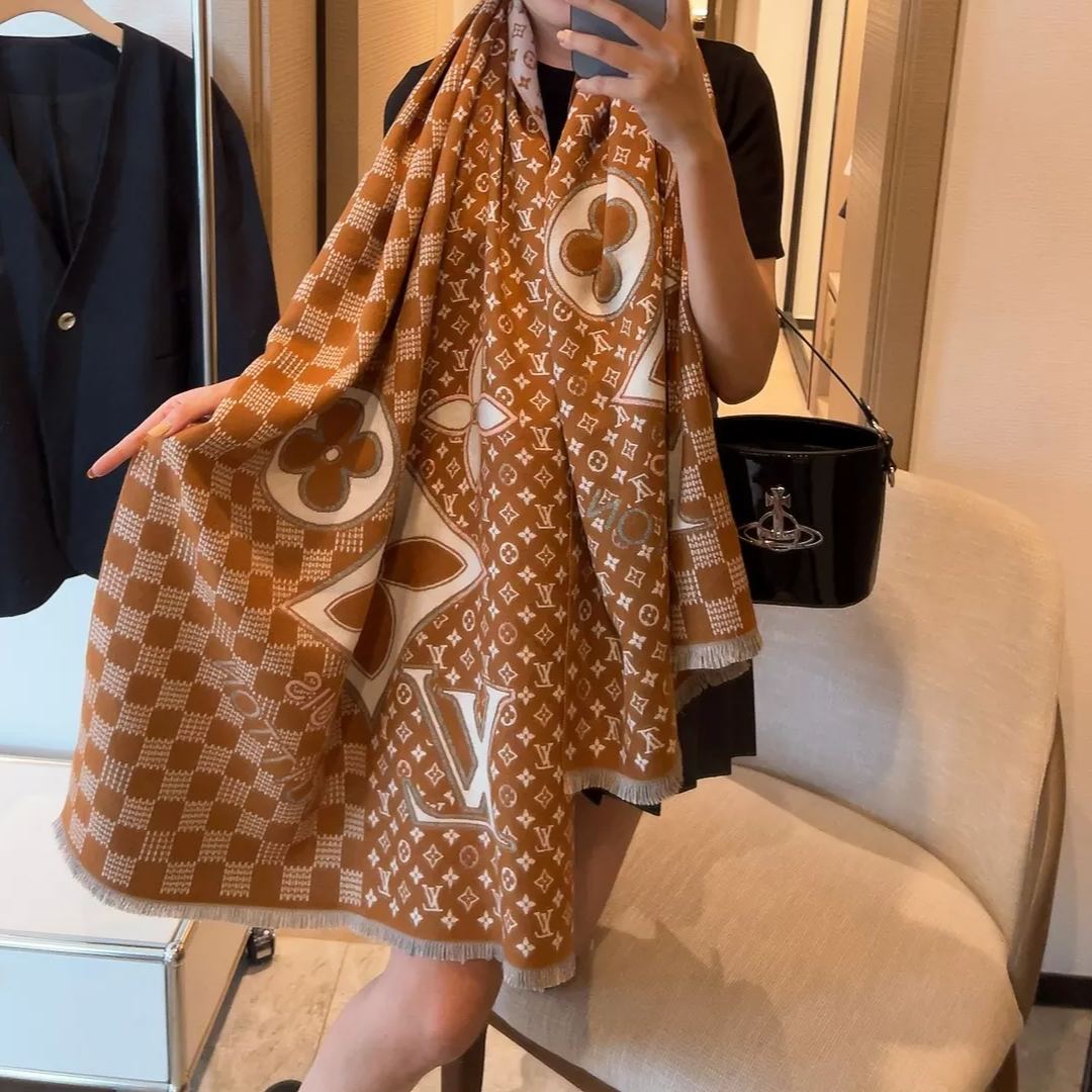 Plaid Panel Monogram Cashmere Scarf Shawl mysite