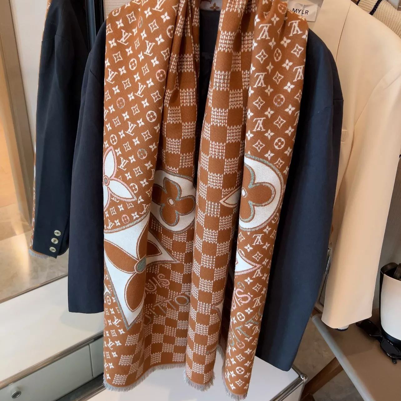 Plaid Panel Monogram Cashmere Scarf Shawl mysite