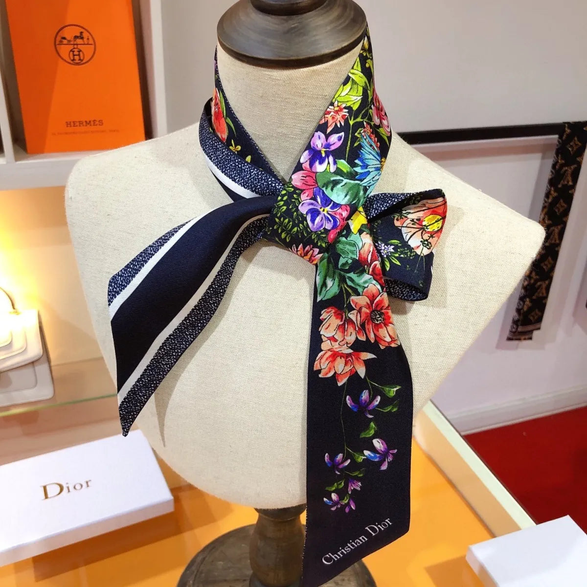 Bevel Edge Floral Double Layer Ribbon Silk Scarf mysite