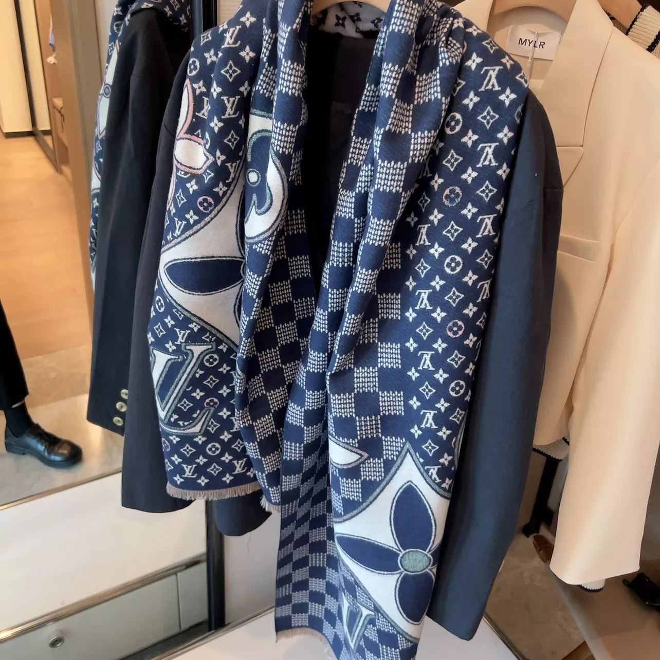 Plaid Panel Monogram Cashmere Scarf Shawl mysite