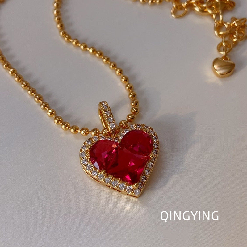 French Luxe Red Heart Pendant Necklace – Dainty Glamour with Full Rhinestones accessoriess mysite